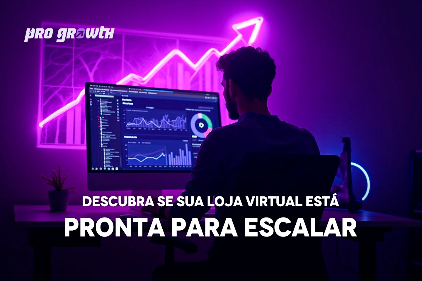 Homem analisando gráficos de desempenho em um monitor, com luzes de neon em formato de seta apontando para cima, representando crescimento e escalabilidade no e-commerce.