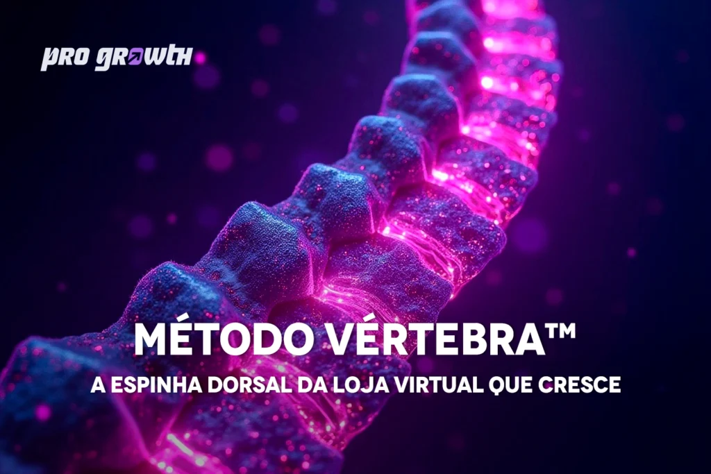 Ilustração futurista de uma coluna vertebral iluminada em tons de roxo e rosa, representando o Método VÉRTEBRA™ da Pro Growth, metáfora da espinha dorsal para crescimento de e-commerces.