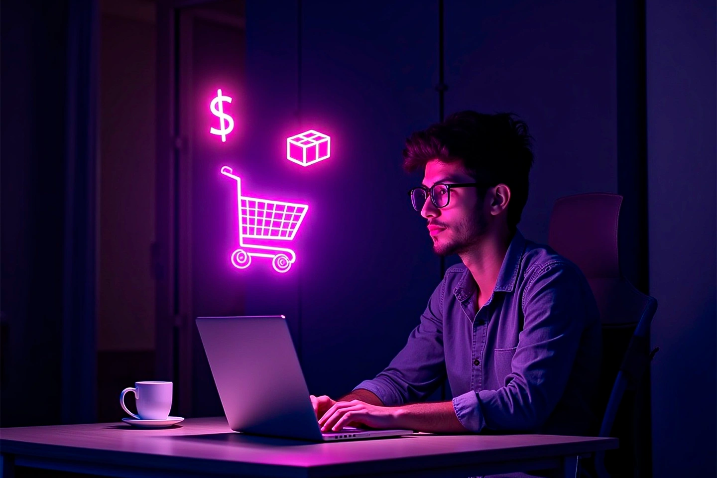 Homem jovem, com barba e óculos, trabalha em um notebook em um ambiente escuro e moderno, iluminado por tons de roxo e rosa neon. Ele digita com foco, enquanto ícones digitais em neon: um carrinho de compras, um símbolo de cifrão e uma caixa de encomenda flutuam à sua frente, simbolizando o universo do e-commerce e do dropshipping. Ao lado da xícara de café sobre a mesa, o cenário transmite uma atmosfera de produtividade digital e negócios online.