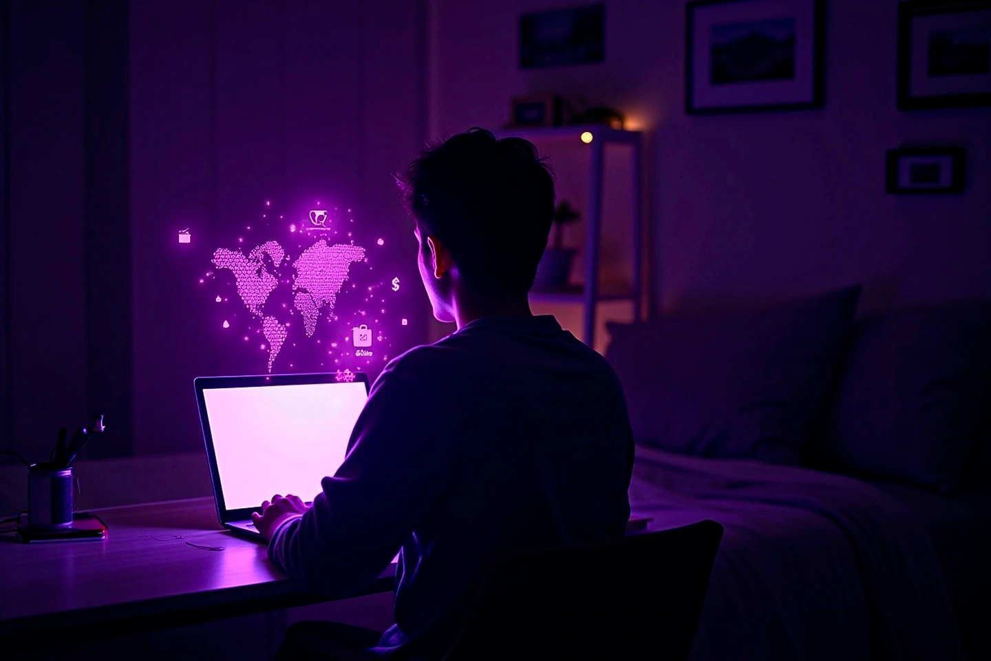 Pessoa sentada de costas, trabalhando em um notebook em um ambiente escuro e aconchegante, com iluminação suave em tons de roxo e rosa. Na tela do computador, uma projeção digital em neon exibe um mapa-múndi com ícones flutuantes relacionados ao comércio eletrônico, como cadeado, carrinho de compras, cifrão e engrenagem. O cenário sugere a ideia de alcance global, trabalho remoto e operação digital de e-commerce, reforçando o conceito de liberdade geográfica no dropshipping.