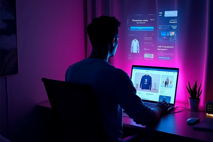 Homem sentado à mesa em um ambiente escuro iluminado por luz roxa e azul, usando um notebook que exibe uma loja virtual de roupas. Na parede à sua frente, interfaces digitais flutuantes são projetadas, mostrando elementos de e-commerce e design. Ao lado do notebook, há um pequeno vaso com planta e um mouse.