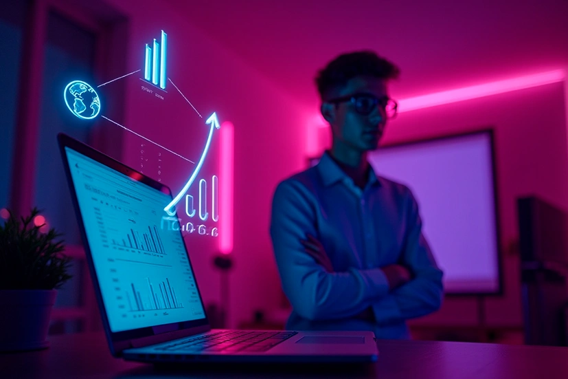 Empresário analisando relatórios de crescimento em um notebook, com gráficos em realidade aumentada e luzes de neon, simbolizando expansão digital e escalabilidade de negócios online.