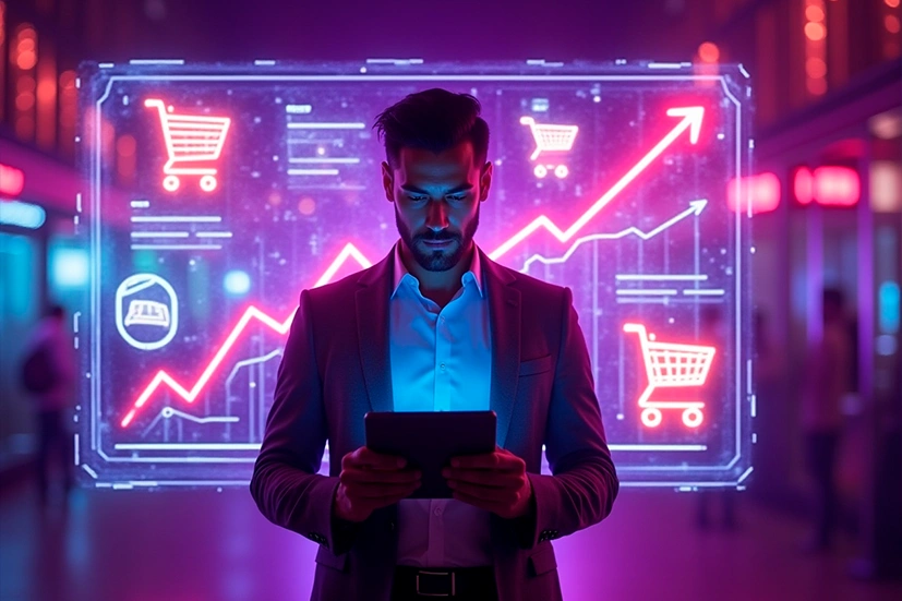 Empresário usando tablet em ambiente futurista com holograma de gráficos de crescimento e ícones de carrinho de compras, simbolizando expansão de e-commerce.