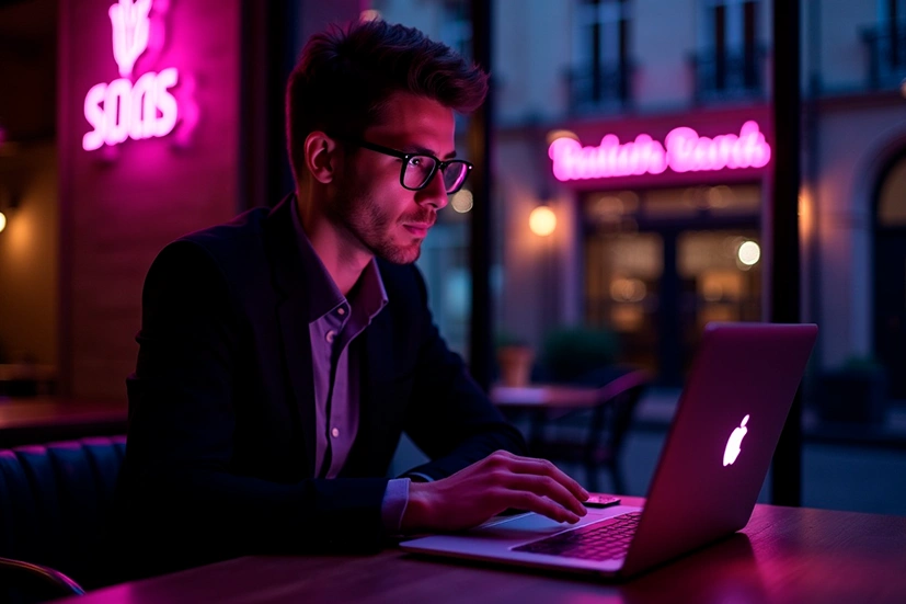Homem jovem de óculos e terno, sentado em um café moderno à noite, trabalhando em um notebook iluminado pela luz roxa e rosa de letreiros neon ao fundo. A cena transmite um clima urbano, contemporâneo e focado em negócios digitais.