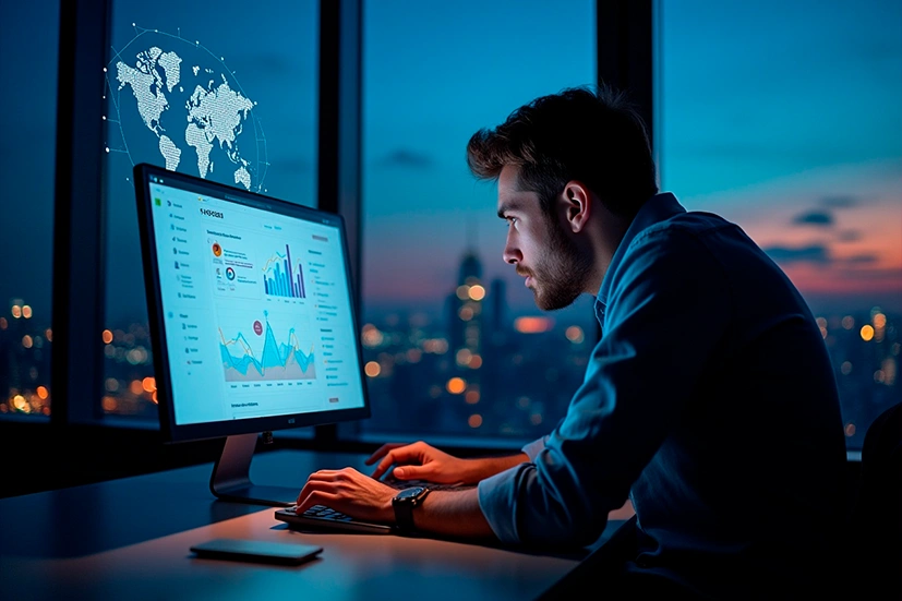 Empreendedor analisando gráficos de desempenho em um computador, em escritório moderno com vista noturna da cidade, representando expansão global e crescimento digital.