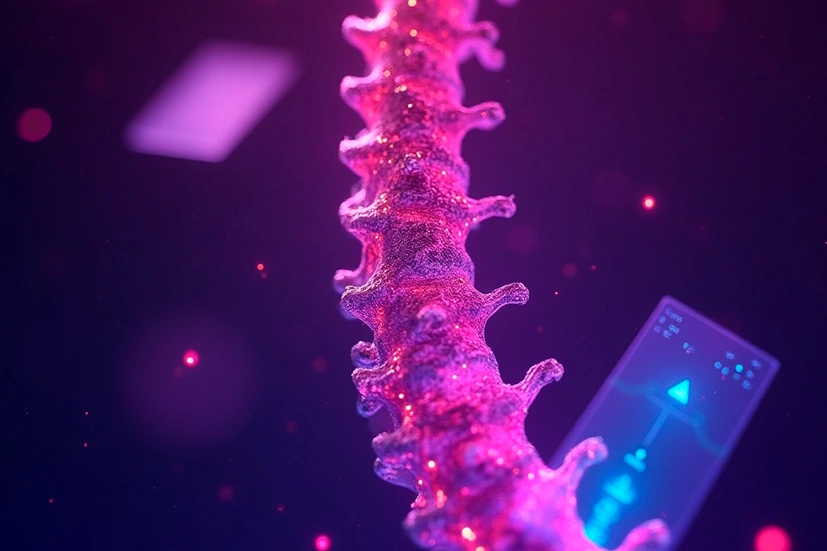 Coluna vertebral iluminada em tons de rosa e roxo com elementos digitais futuristas, simbolizando estrutura sólida e tecnologia aplicada ao crescimento de e-commerces.