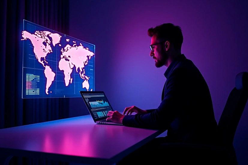 Homem jovem de perfil, sentado em um escritório escuro iluminado por luzes roxas e azuis, trabalhando em um notebook. Na parede à sua frente, há uma tela digital com um mapa-múndi iluminado e gráficos de dados, transmitindo a ideia de análise global e monitoramento de mercado.