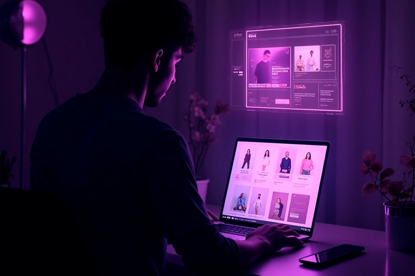 Homem navegando em um e-commerce por um notebook sobre uma mesa em ambiente escuro iluminado por luz roxa. Na tela do notebook, há uma loja virtual de roupas com modelos masculinos e femininos. Acima, na parede, é projetada uma interface digital com imagens e informações de produtos, simulando um painel futurista de e-commerce. Sobre a mesa, há plantas decorativas e um smartphone.