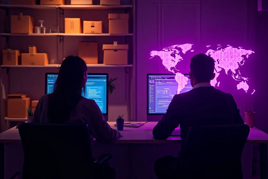 Homem e mulher sentados lado a lado em frente a monitores de computador, em um ambiente de trabalho moderno com prateleiras repletas de caixas de papelão ao fundo, sugerindo um espaço de operação logística ou estoque. Ambos observam interfaces digitais em suas telas, enquanto um mapa-múndi digital em neon rosa aparece projetado à frente, representando alcance global, tecnologia e comércio internacional. A iluminação roxa e o cenário reforçam o contexto de operação de dropshipping estruturada e estratégica.