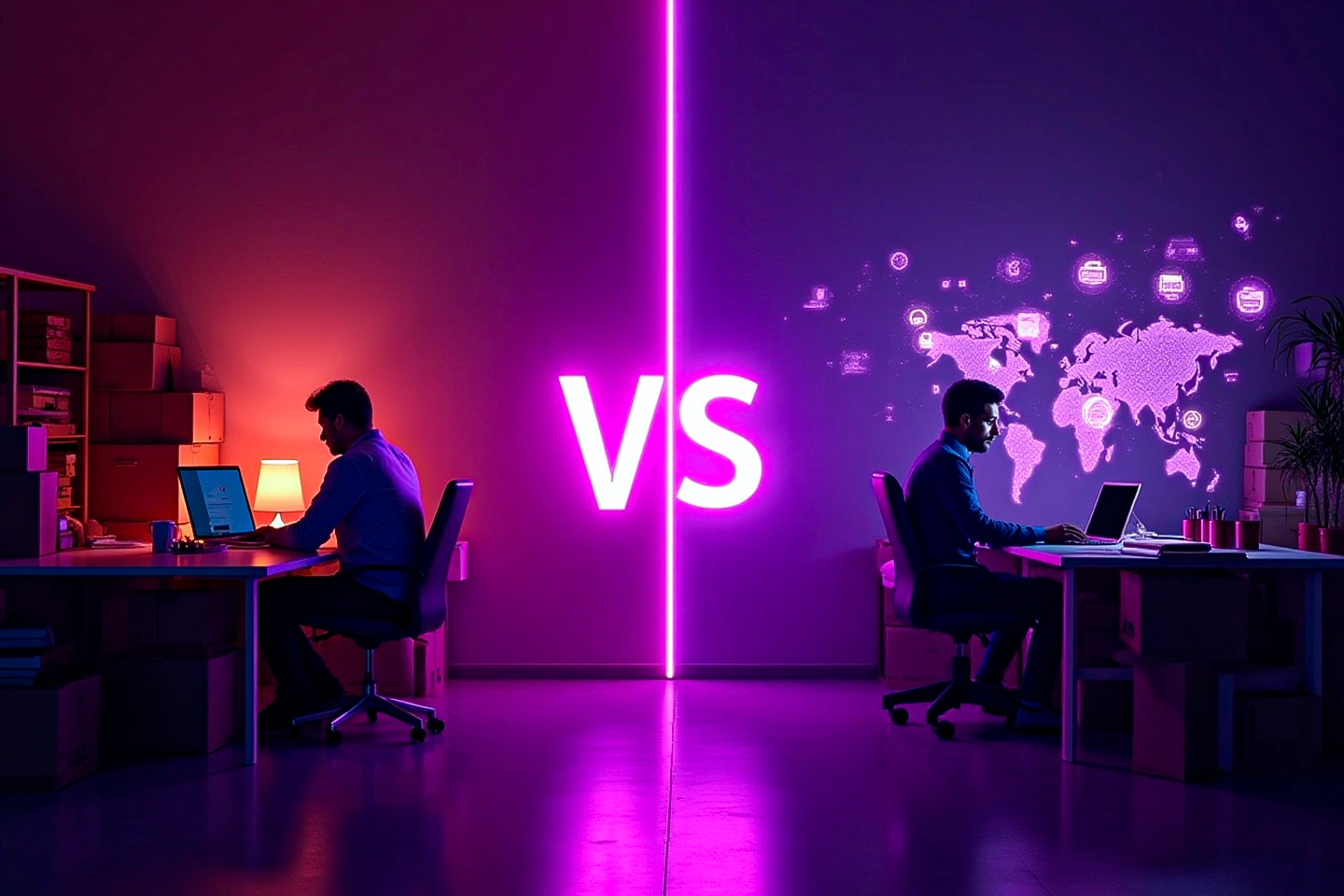 Imagem dividida ao meio por uma linha vertical neon com a palavra “VS” no centro, representando uma comparação. À esquerda, um homem trabalha em um escritório com caixas e iluminação quente, simbolizando um e-commerce tradicional com estoque próprio. À direita, outro homem trabalha em um ambiente com iluminação roxa e projeção digital de um mapa-múndi com ícones de comércio, representando uma operação de dropshipping com alcance global. A imagem visualmente explora a pergunta: “Dropshipping é e-commerce?”, destacando as diferenças entre os modelos.