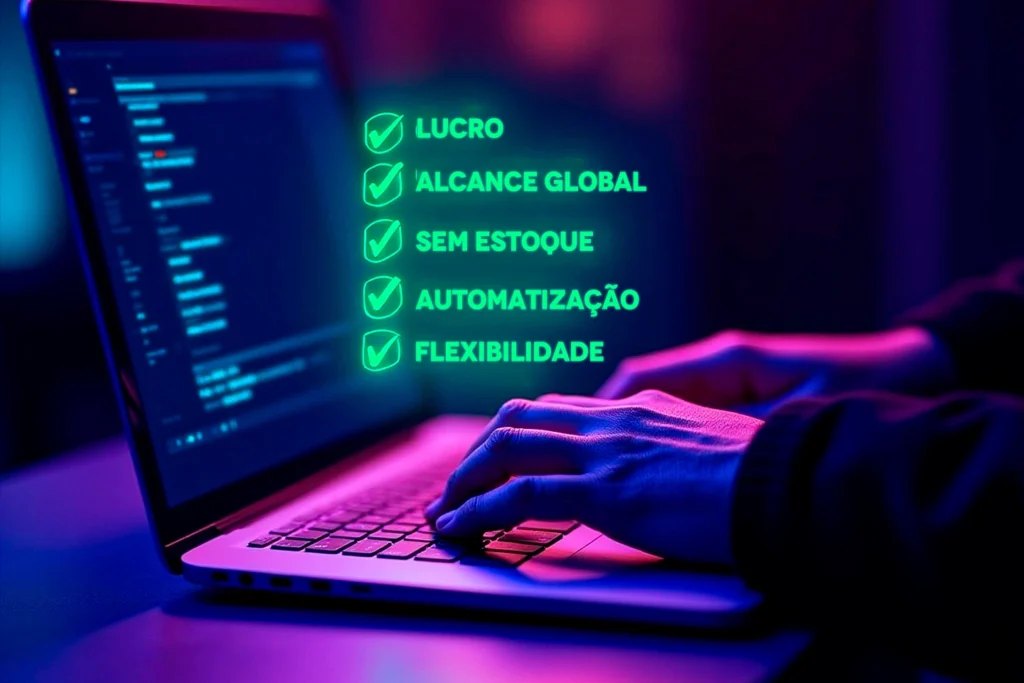Mãos digitando em um notebook iluminado com luzes em tons de roxo e azul. Na tela, linhas de código. À direita, uma lista em neon verde com cinco vantagens do dropshipping: “Lucro”, “Alcance global”, “Sem estoque”, “Automatização” e “Flexibilidade”.