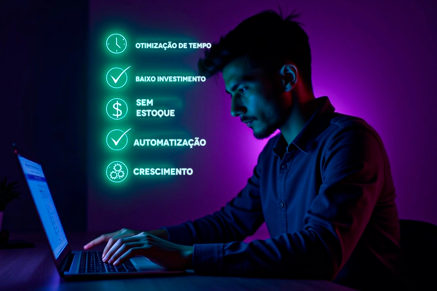 Homem jovem concentrado digitando em um notebook, com iluminação em tons roxo e azul. À esquerda da imagem, cinco ícones brilhantes em verde neon com textos: “Otimização de tempo”, “Baixo investimento”, “Sem estoque”, “Automatização” e “Crescimento”, representando os principais benefícios do modelo de dropshipping.