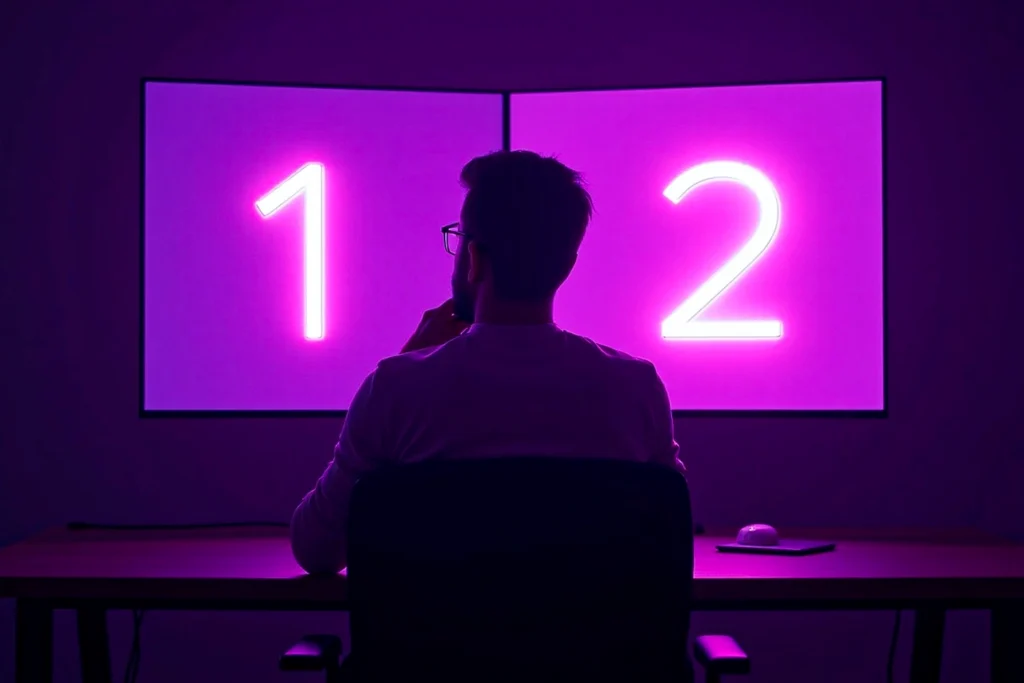 Pessoa sentada em frente a duas telas iluminadas com os números 1 e 2 em neon rosa, refletindo um momento de decisão de qual é a melhor plataforma de dropshipping para se investir.