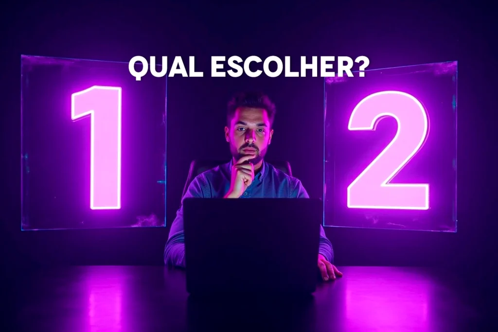 Homem sentado à frente de um notebook, com expressão pensativa, entre dois painéis iluminados com os números 1 e 2 em neon rosa. Acima, a pergunta “QUAL ESCOLHER?”, representando a dúvida sobre qual plataforma de dropshipping escolher.