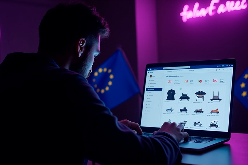 Homem em sala escura navegando em um notebook, com a tela exibindo imagens de produtos diversos em um e-commerce.