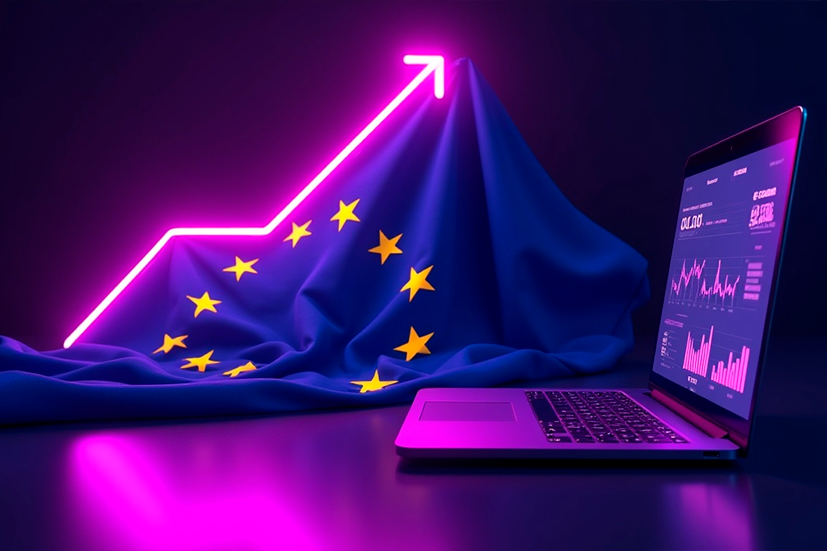 Notebook exibindo dashboards de BI com gráficos de crescimento, ao fundo a bandeira da União Europeia contornada por uma seta neon roxa indicando progresso e expansão.