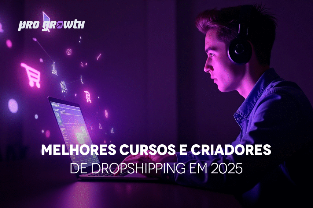 Em uma sala escura, um homem encara o notebook iluminado pelas luzes de neon em tom roxo, que realçam seus traços e criam um clima futurista. Diante da tela, ícones 3D que simbolizam o mercado de dropshipping flutuam no ar, projetando-se como hologramas que parecem ganhar vida à sua frente.