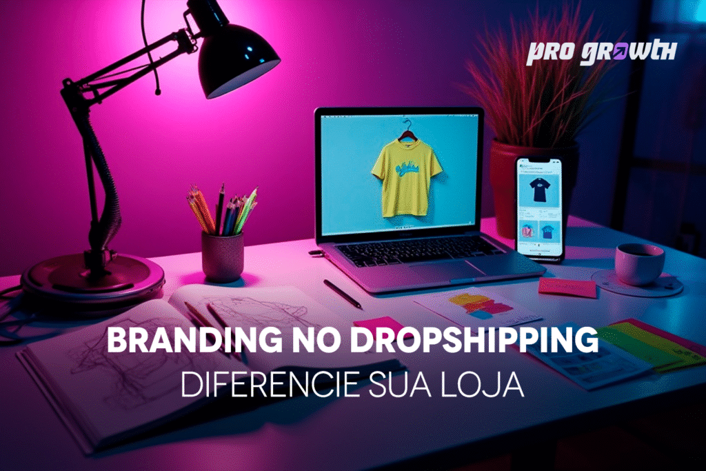 Mesa de trabalho com laptop exibindo uma camiseta amarela em uma loja online, smartphone mostrando catálogo de produtos, caderno de esboços, materiais de design e luminária de mesa em ambiente iluminado por luz roxa. Texto na imagem: 'Branding no Dropshipping – Diferencie sua loja'. Logo da Pro Growth no canto superior direito.