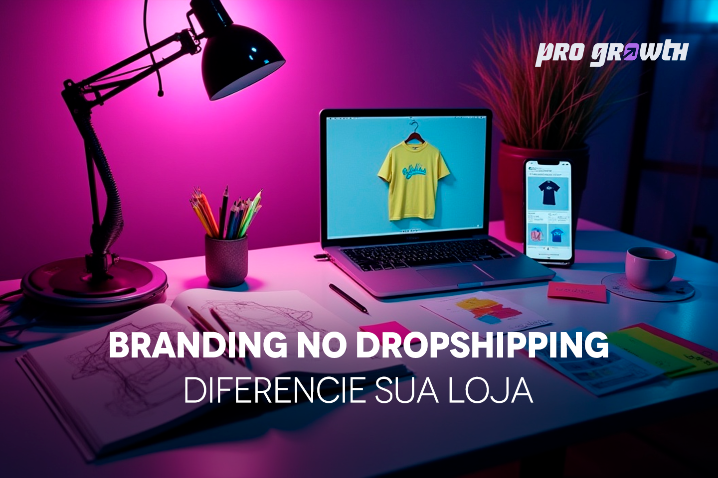 Mesa de trabalho com laptop exibindo uma camiseta amarela em uma loja online, smartphone mostrando catálogo de produtos, caderno de esboços, materiais de design e luminária de mesa em ambiente iluminado por luz roxa. Texto na imagem: 'Branding no Dropshipping – Diferencie sua loja'. Logo da Pro Growth no canto superior direito.