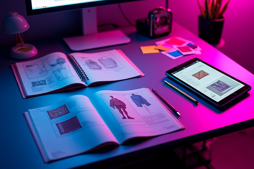 Mesa de trabalho iluminada por luz roxa, com livros abertos exibindo desenhos técnicos de roupas, tablet mostrando página de e-commerce com produtos de moda, lápis, caneta e cartões coloridos ao lado de um computador iMac.