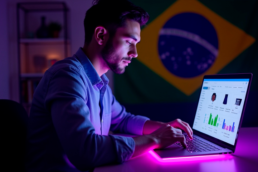 Empreendedor trabalhando em laptop com dashboard de e-commerce e gráficos de vendas, bandeira do Brasil ao fundo — conceito de dropshipping e comércio eletrônico no Brasil, iluminação roxa.