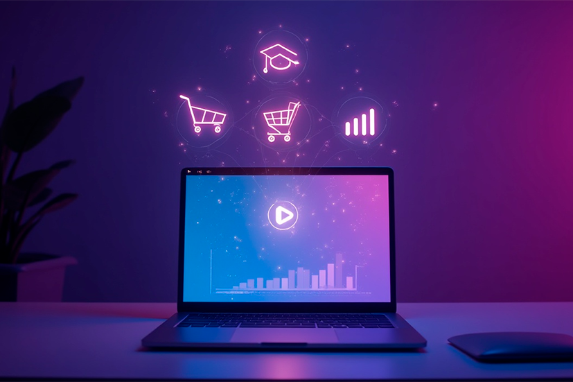 Notebook aberto exibindo ícones 3D de dropshipping flutuando em estilo futurista.