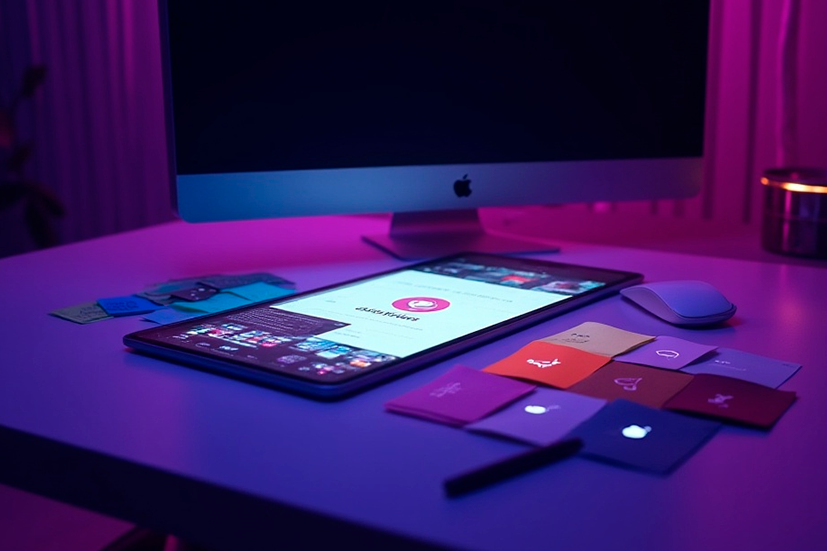 Mesa de trabalho com computador iMac desligado, tablet exibindo tela sobre dropshipping, mouse sem fio, caneta e cartões coloridos de design espalhados, em ambiente iluminado por luz roxa.