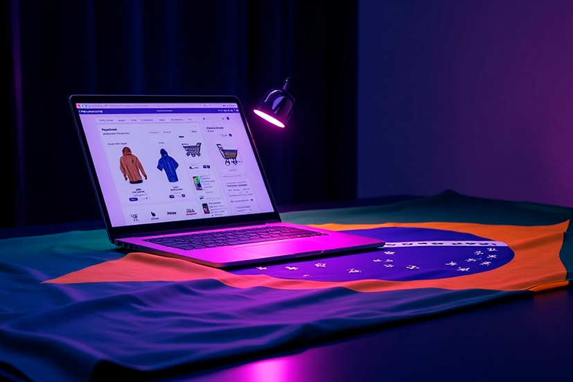 Laptop mostrando página de e-commerce (dropshipping) sobre a bandeira do Brasil, em mesa iluminada por luz roxa — conceito de dropshipping no Brasil e comércio eletrônico.
