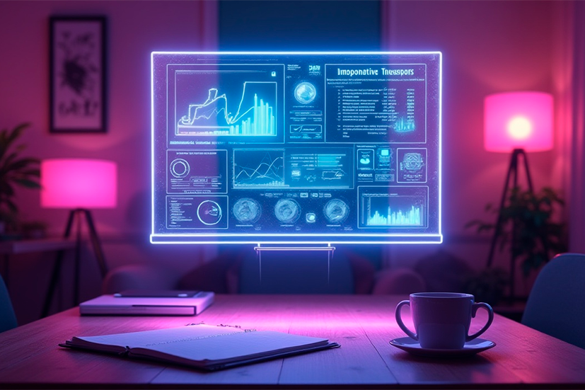 Dashboard interativo em 3D exibido na tela, com gráficos de barras, linhas e painéis flutuando em camadas, mostrando métricas de desempenho e análises em tempo real em um ambiente de estilo futurista.