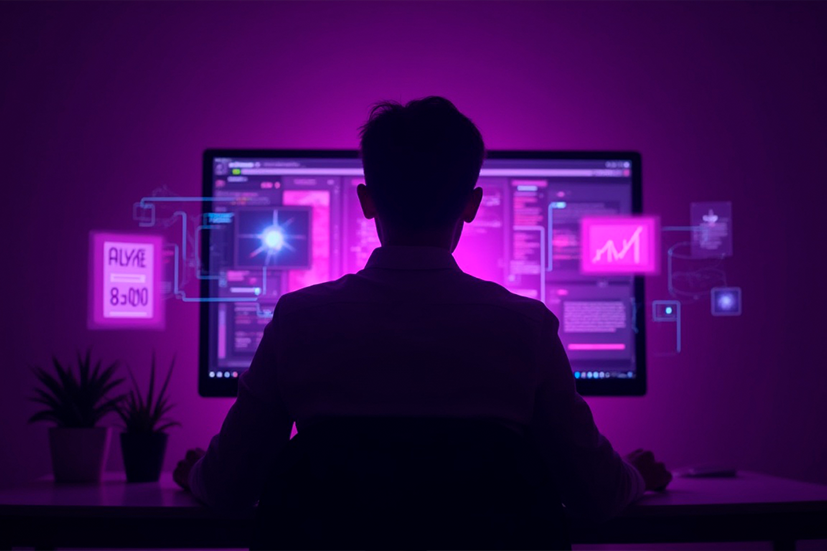 Pessoa sentada diante de um monitor grande exibindo gráficos e interfaces digitais em tons de roxo e rosa, em um ambiente escuro e moderno, simbolizando análise de dados, automação e o trabalho com negócios digitais ou e-commerce.
