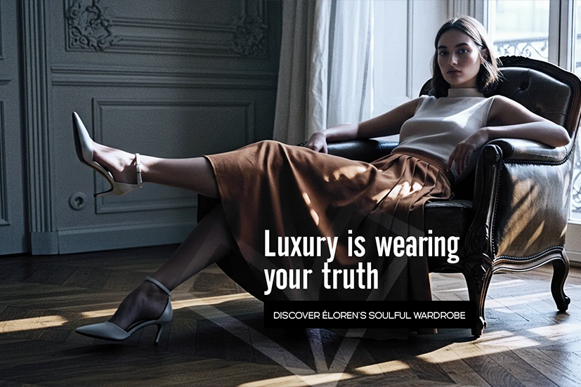 Mulher sentada em uma poltrona de couro em um ambiente sofisticado, com luz natural entrando pela janela. Ela veste blusa branca sem mangas, saia marrom e sapatos de salto. Sobre a imagem, o texto diz: “Luxury is wearing your truth” e abaixo “Discover Éloren’s soulful wardrobe.”