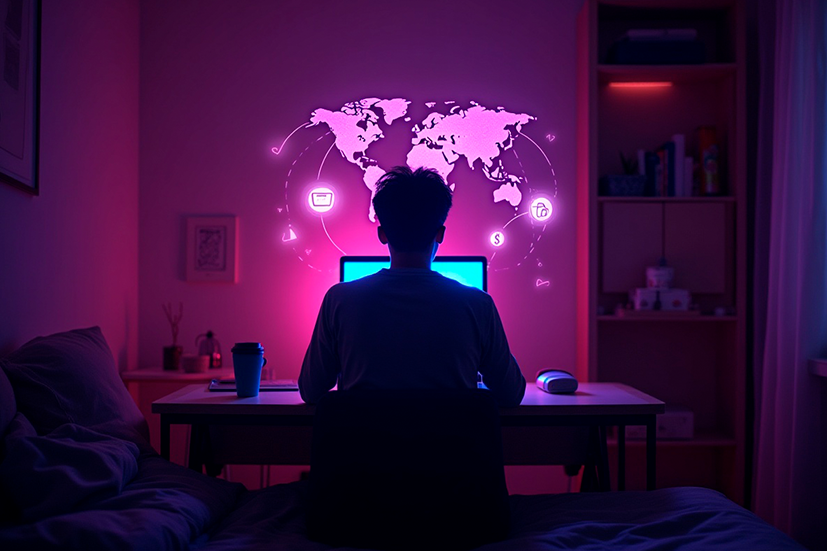 Pessoa sentada em frente a um computador em um quarto iluminado por luzes em tons de roxo e rosa, com um mapa-múndi digital projetado na parede mostrando ícones de e-commerce e conexões globais, representando o conceito de negócios online e dropshipping.