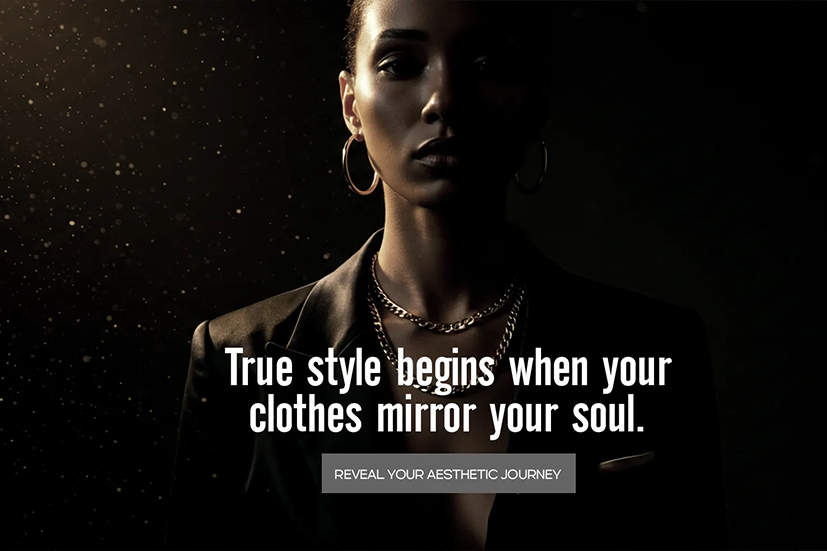 Mulher em meio a um fundo escuro e elegante, iluminada parcialmente, vestindo blazer preto e acessórios dourados. Ao centro da imagem está o texto: “True style begins when your clothes mirror your soul.” e abaixo um botão com a frase “Reveal your aesthetic journey.”