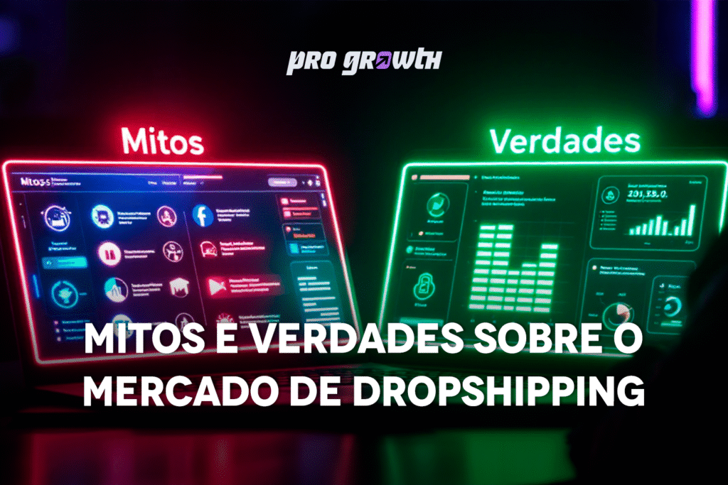 Imagem com dois painéis digitais iluminados, um em vermelho com o título “Mitos” e outro em verde com o título “Verdades”. No centro, o texto “Mitos e Verdades sobre o Mercado de Dropshipping” e o logotipo da Pro Growth no topo.