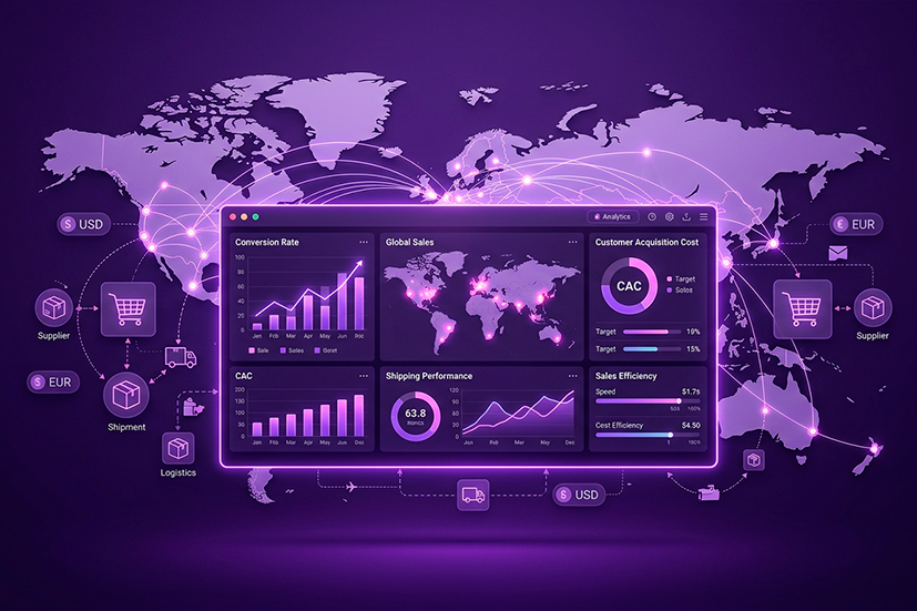 Painel de analytics de e-commerce exibindo métricas como taxa de conversão, vendas globais, CAC e performance de envio sobre um mapa-múndi conectado por rotas logísticas e transações internacionais.
