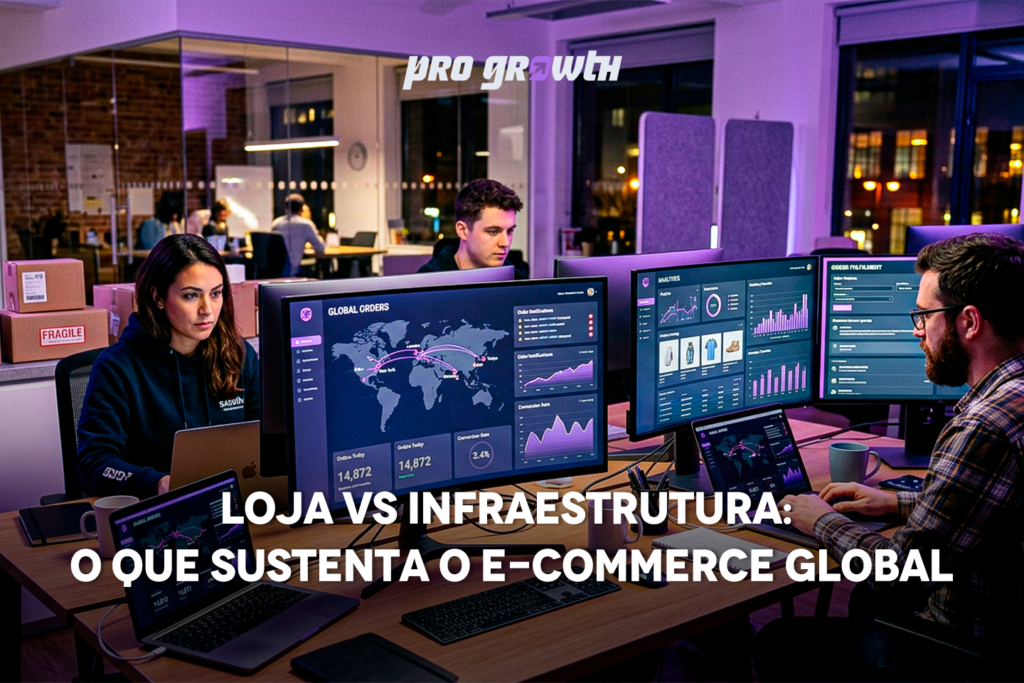 Equipe trabalhando em escritório moderno à noite, com várias telas exibindo dashboards de dados globais de e-commerce, incluindo mapas, gráficos e métricas de desempenho.