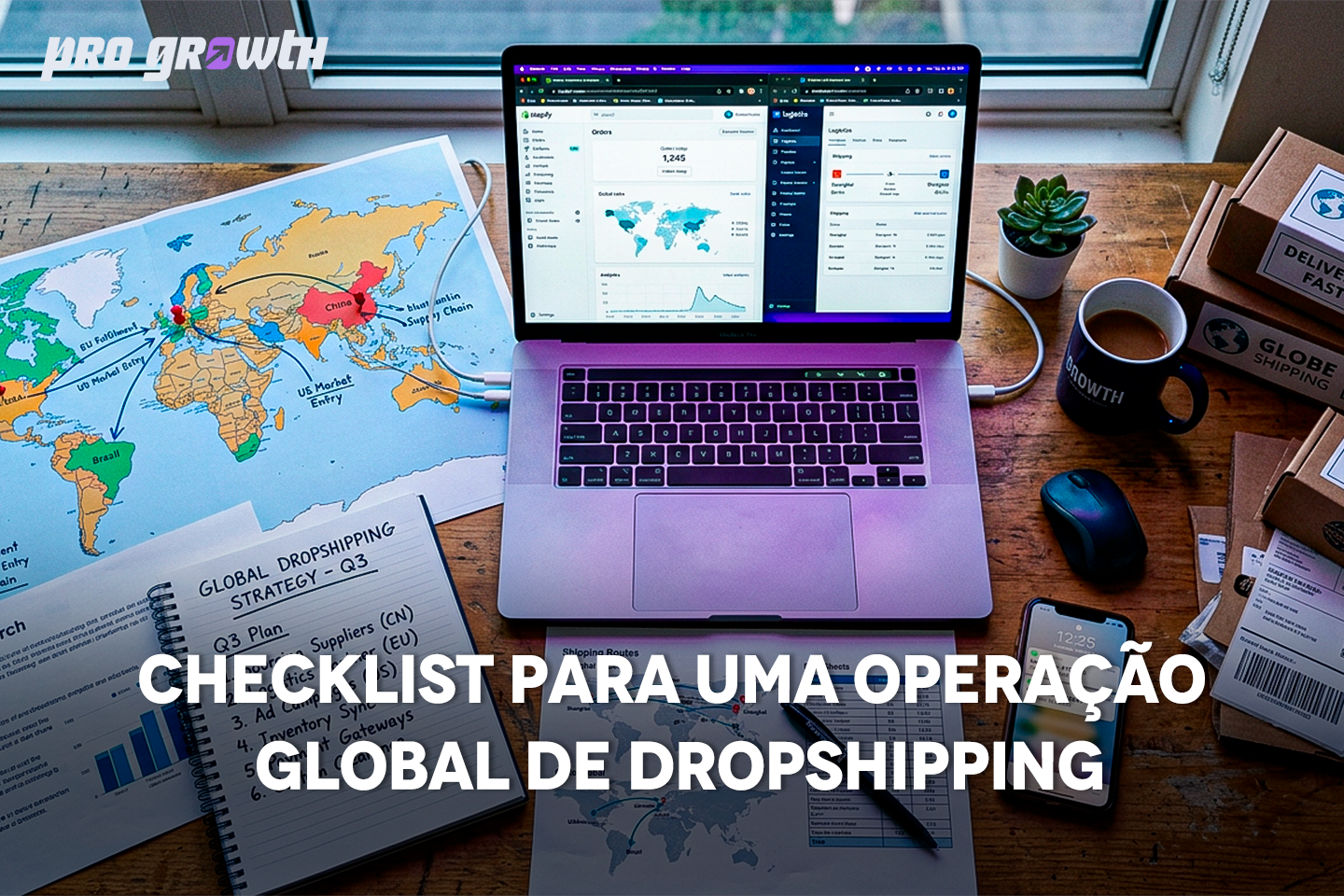 Mesa de trabalho com um notebook exibindo dashboards de e-commerce, mapas mundiais, relatórios logísticos e materiais de planejamento. A imagem representa uma estratégia global de dropshipping e gestão de vendas internacionais.