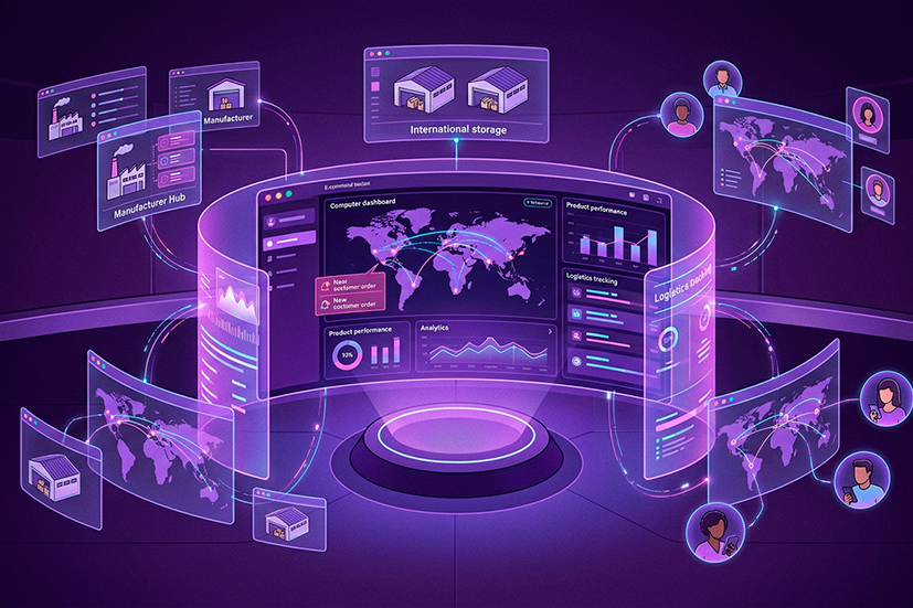 Painel digital de logística global com dashboards analíticos, mapa mundial interativo, dados de desempenho e conexões entre fabricantes, centros de armazenamento e distribuição.
