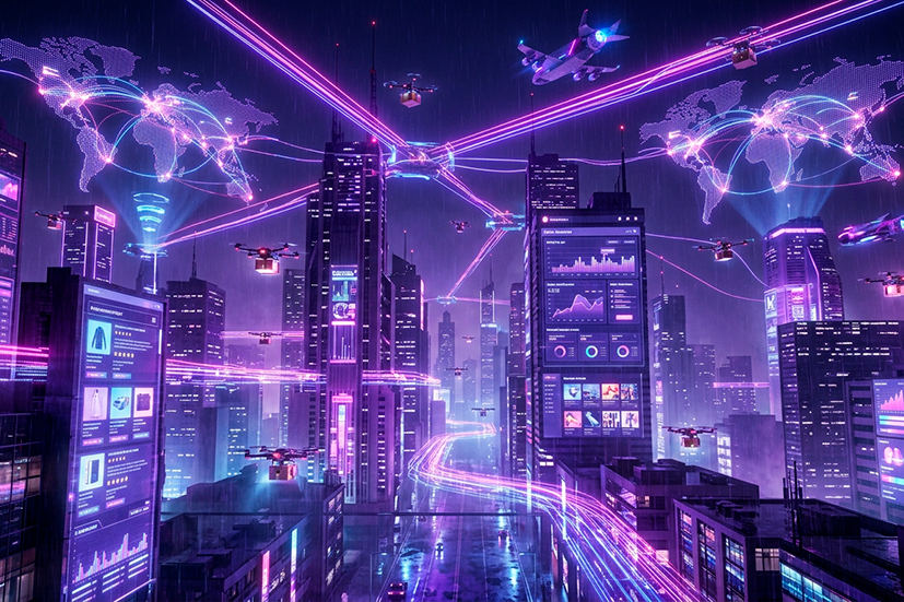 Cidade futurista iluminada por redes digitais globais, com drones, aviões e fluxos de dados conectando diferentes regiões do mundo em um sistema logístico inteligente.