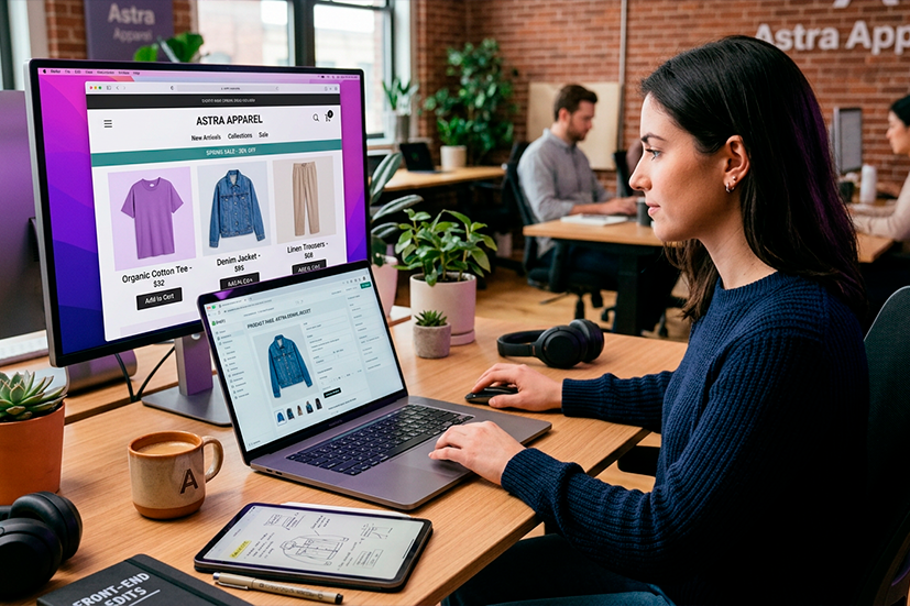 Mulher trabalhando em laptop em escritório moderno, gerenciando uma loja virtual de roupas exibida em um monitor, com produtos como camisetas, jaquetas e calças.