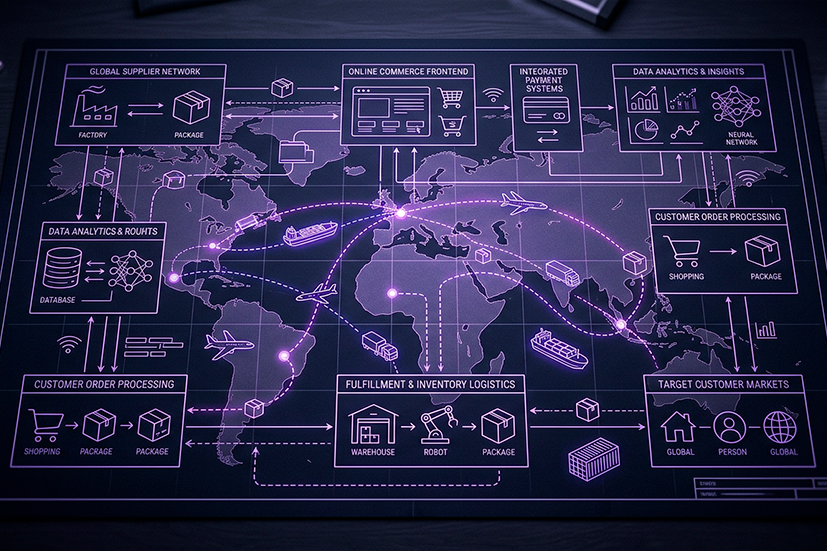 Mapa logístico global com diagramas de e-commerce, fornecedores, pagamentos, análise de dados e processamento de pedidos conectados por rotas internacionais de transporte.