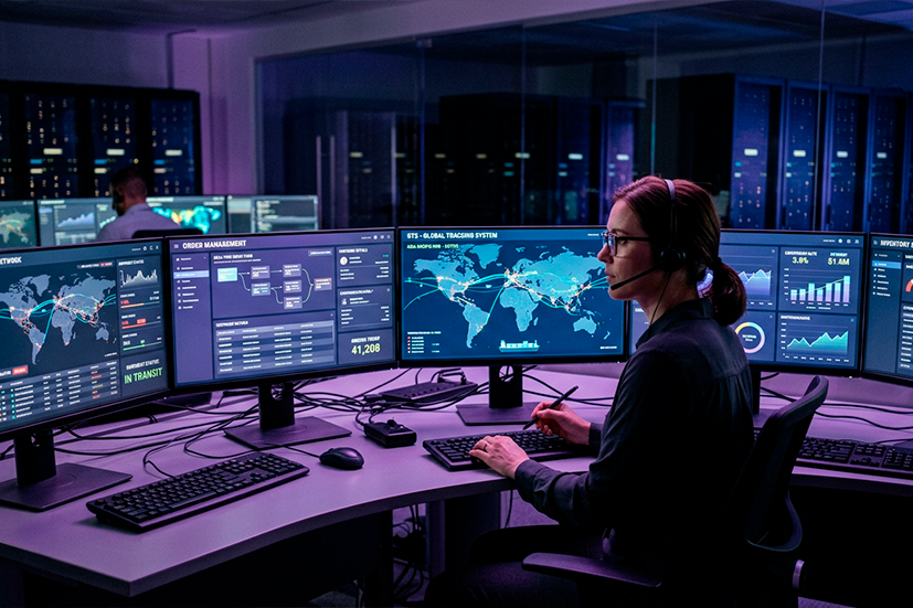 Profissional em central de operações monitorando múltiplas telas com mapas globais, dados de rastreamento e dashboards logísticos em tempo real.