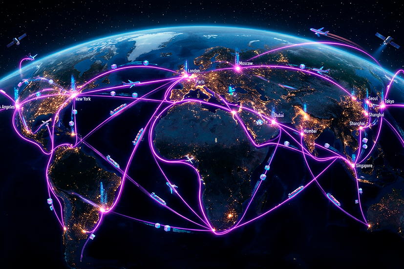 Mapa do planeta Terra à noite com rotas de transporte aéreo e marítimo conectando cidades globais, representando redes internacionais de logística e comércio eletrônico.