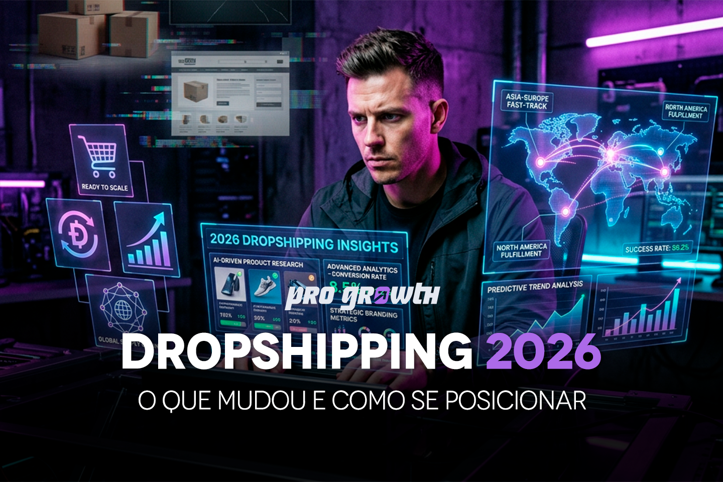 Homem analisando dados em telas digitais com gráficos, mapa global e métricas de e-commerce, representando estratégias avançadas de dropshipping e tendências para 2026.