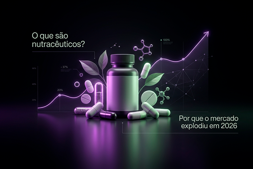 Arte digital sobre um fundo preto. No centro, há um frasco de suplemento preto genérico, parcialmente escondido por folhas verdes de plantas e um grupo de várias cápsulas e pílulas. No canto superior esquerdo, o texto branco pergunta: "O que são nutracêuticos?". No canto inferior direito, o texto branco afirma: "Por que o mercado explodiu em 2026". Um gráfico de linha ascendente e íngreme brilha em neon roxo claro e verde, com uma seta de crescimento no final. Ao longo da linha do gráfico, há marcadores de porcentagem como "37%" e "20%" no início, e "100%" no final. Estruturas moleculares flutuantes e conexões de rede em neon roxo e verde cercam o frasco. A estética é limpa, futurista e focada em dados.