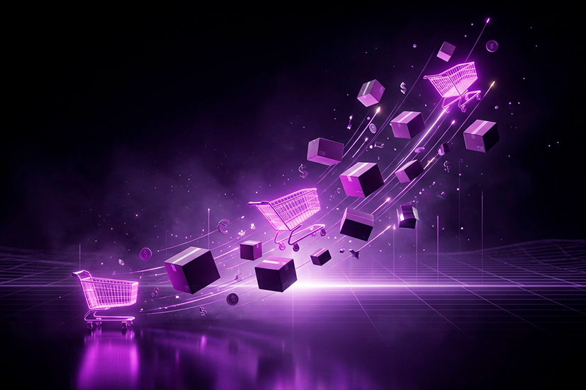 Uma ilustração futurista em tons de roxo neon mostrando o fluxo de comércio digital. Carrinhos de compras brilhantes, caixas de papelão voadoras e símbolos de moedas (cifrão e euro) sobem em uma trajetória diagonal sobre uma grade tecnológica, simulando velocidade e crescimento nas vendas online.
