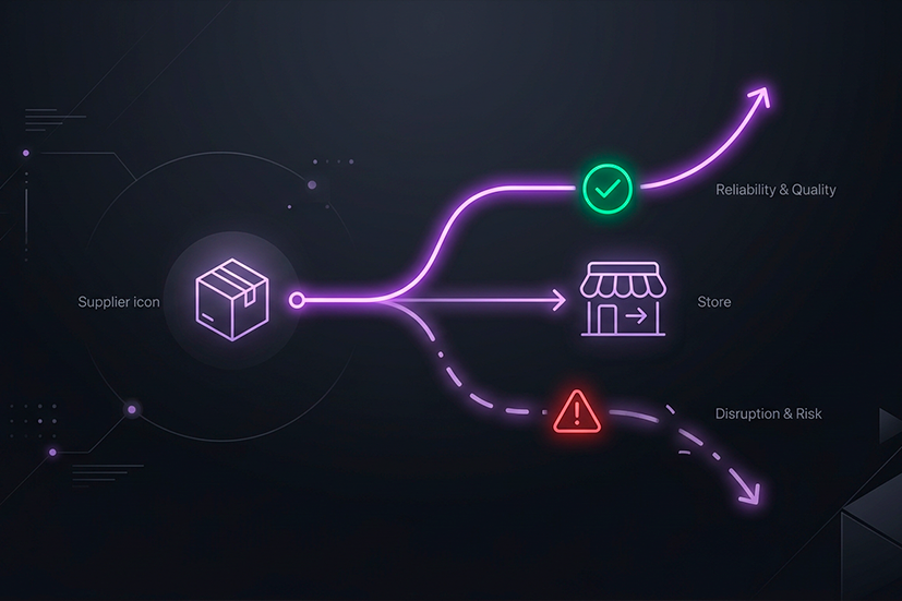 Um infográfico digital futurista sobre um fundo escuro e tecnológico. À esquerda, um ícone de caixa de papelão em neon roxo claro representa o "Fornecedor" (Supplier). Uma linha de energia neon roxa emana da caixa e se divide em três trajetórias. A trajetória superior é uma curva ascendente que passa por um círculo verde neon com um "check" e aponta para o texto "Confiabilidade & Qualidade" (Reliability & Quality). A trajetória do meio é uma linha reta que aponta para um ícone de loja física e notebook (representando a "Loja" ou Store). A trajetória inferior é uma linha tracejada descendente que passa por um triângulo de alerta vermelho neon com um ponto de exclamação e aponta para o texto "Disrupção & Risco" (Disruption & Risk). O estilo visual é tecnológico e limpo.