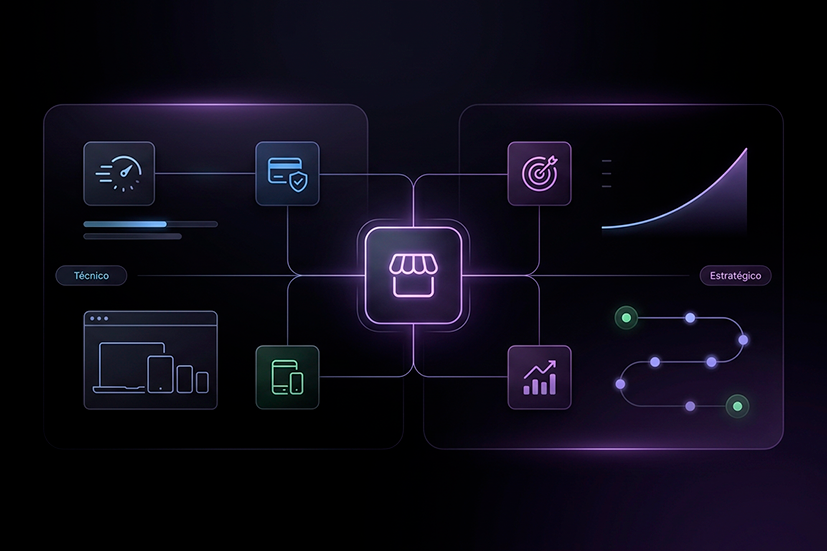 Um infográfico digital futurista sobre um fundo escuro com duas placas de vidro flutuantes interconectadas por linhas de luz roxa neon. No centro exato, um ícone de storefront de uma loja física brilha em roxo. À esquerda, a placa "Técnico" contém quatro ícones: um velocímetro (representando velocidade de carregamento), uma barra de progresso, uma janela de navegador com ícones de desktop, tablet e mobile (responsividade) e um ícone de dois dispositivos móveis. À direita, a placa "Estratégico" contém ícones de um alvo com flecha (metas), um gráfico de barras ascendente (lucro e crescimento), um gráfico de linha ascendente e uma linha de tempo de projeto tracejada com pontos. A estética é limpa e tecnológica, com brilhos roxos.