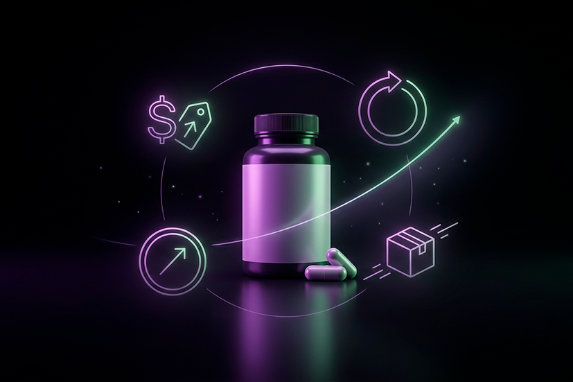 Um anúncio digital de alta tecnologia sobre um fundo preto. No centro, há um frasco de suplemento preto genérico, ladeado por três cápsulas e pílulas. Um gráfico de linha ascendente e íngreme brilha em neon roxo claro e verde, com uma seta de crescimento no final. Ao longo da linha do gráfico, há ícones flutuantes: um símbolo de dólar com uma seta para cima, um ícone de "refresh", um ícone de crescimento e um ícone de caixa de remessa. Estruturas moleculares flutuantes e conexões de rede em neon roxo e verde cercam o frasco. A estética é limpa, futurista e focada em dados.