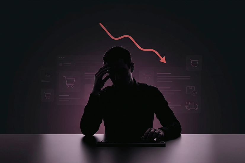 Uma silhueta escura de um homem sentado em uma mesa com as mãos na cabeça, parecendo estressado. Acima dele, uma seta vermelha brilhante cai abruptamente, sobreposta a ícones roxos claros de e-commerce e logísticas, simbolizando um declínio nos negócios online.